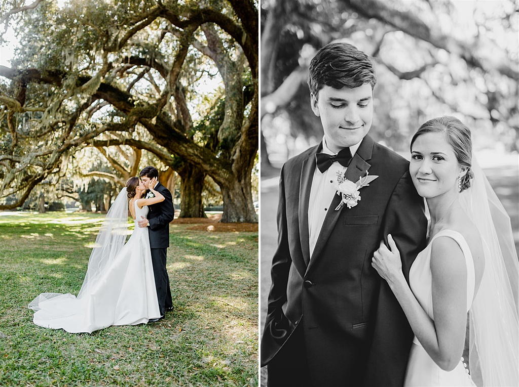 Bride and groom under southern oak trees