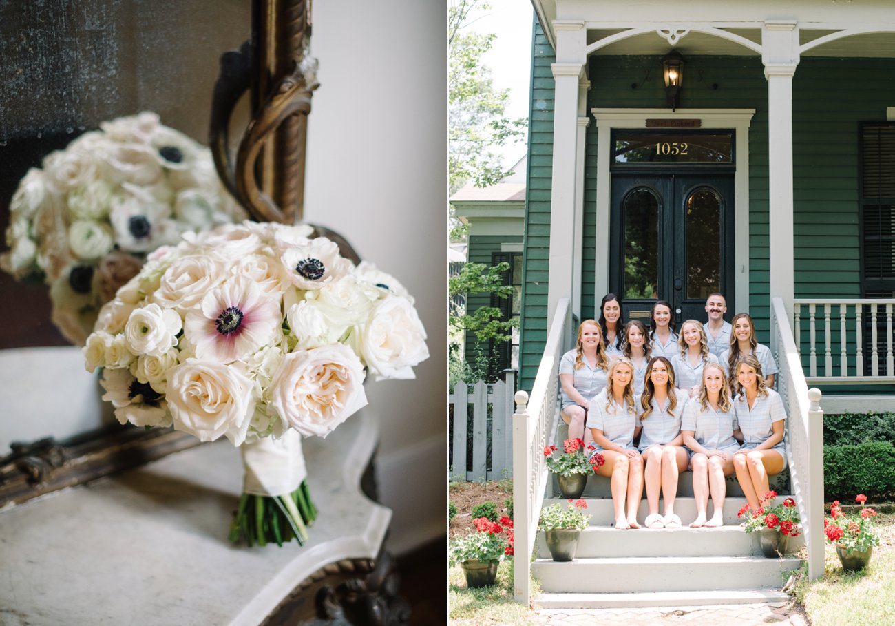 Bridesmaid party on steps of southern home, brides bouquet
