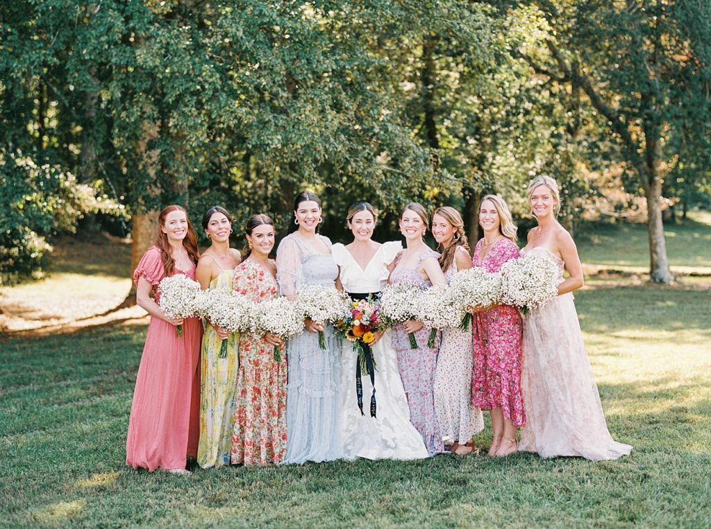 Bridesmaids in colorful and eclectic southern bridesmaid dresses