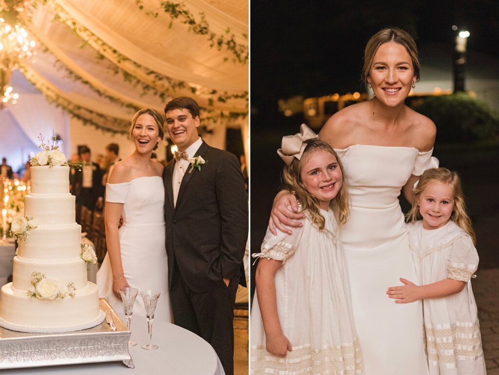 Georgia southern wedding bride and groom with cake and flower girls