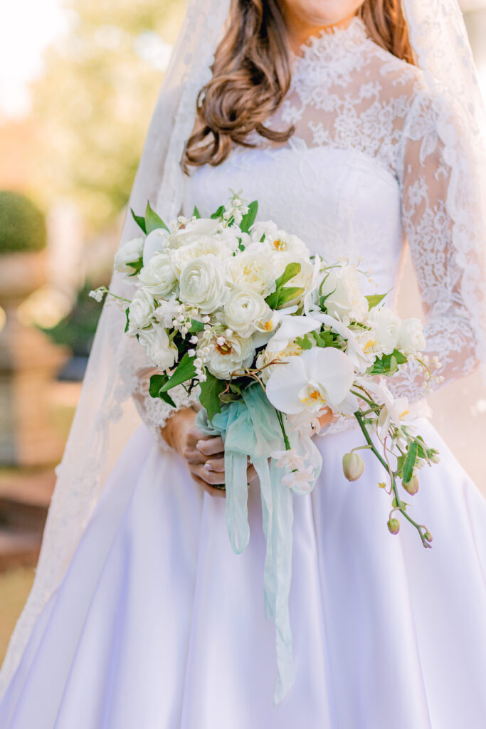 Wedding dress and bridal bouquet