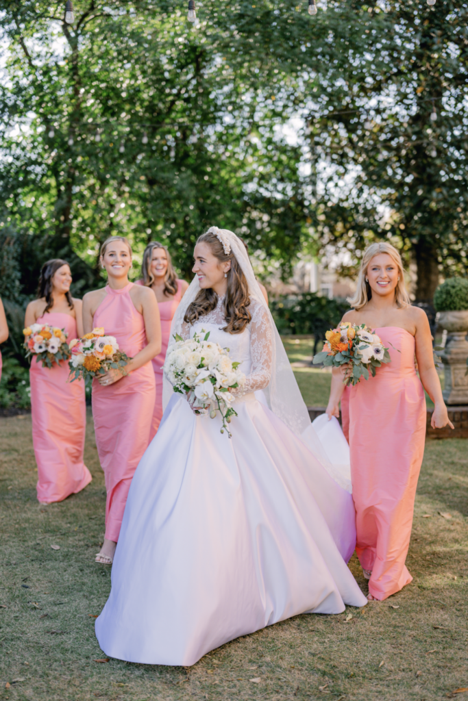 Southern bride and bridesmaids in pink dresses